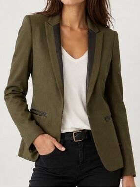 Rag & Bone Wool Blazer Leather Trim Tailored Jacket Green Olive Size 8